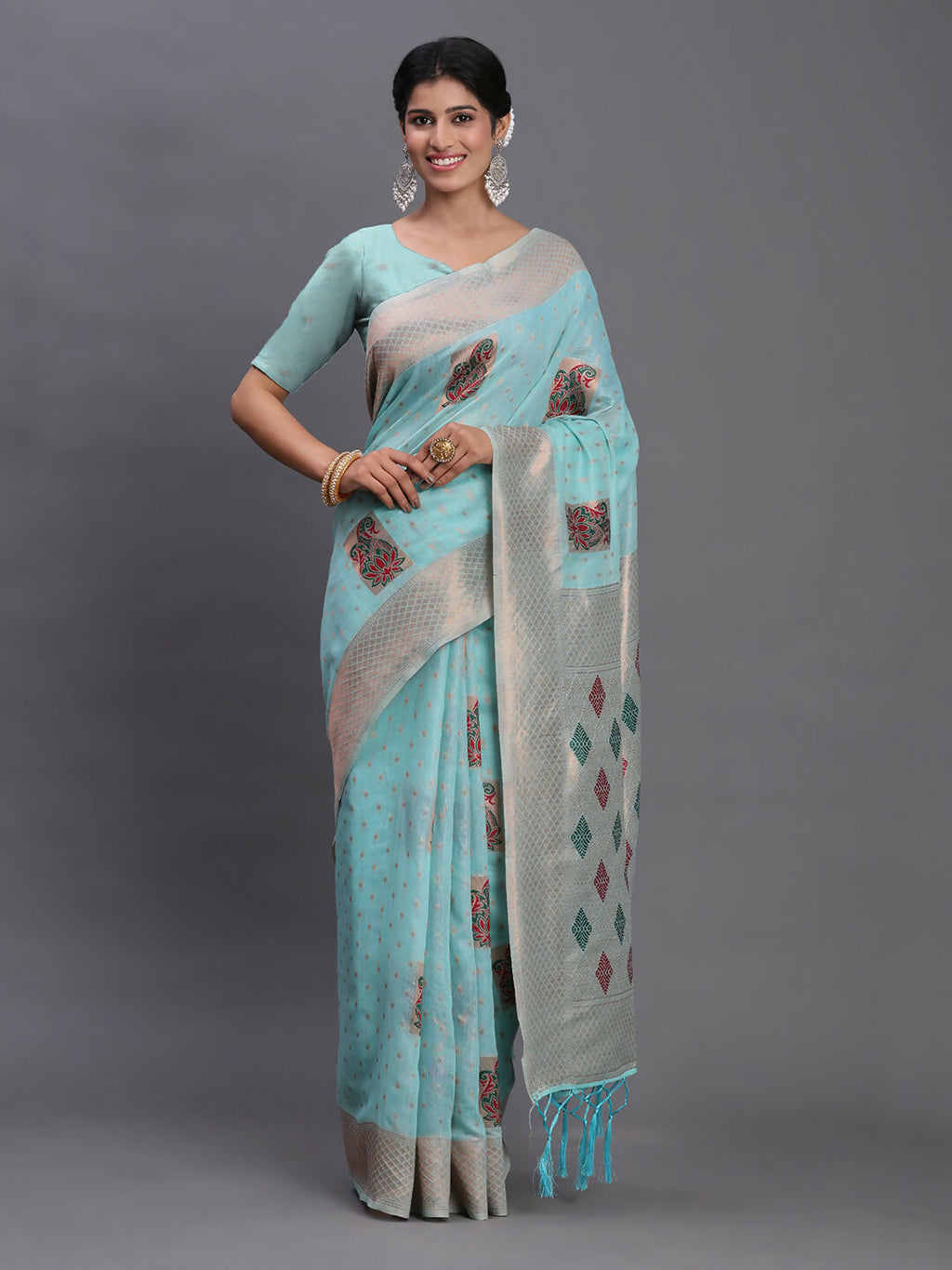 Shree Shyam Fashion Linen Cotton Sky Blue Saree - Distacart