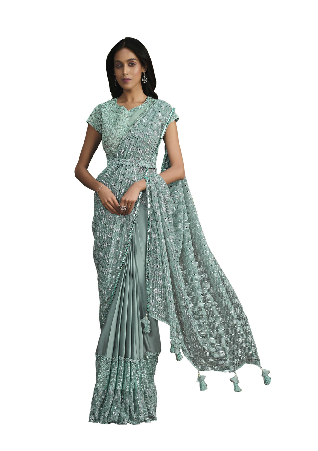 Light Blue Crepe Silk Sequence Embroidered With Texture Saree With Stitched Blouse - Mohmanthan La Belle