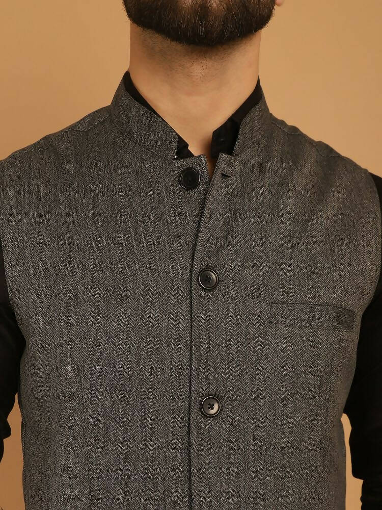 Even Apparels Nehru Jacket With Welt Pockets - Grey