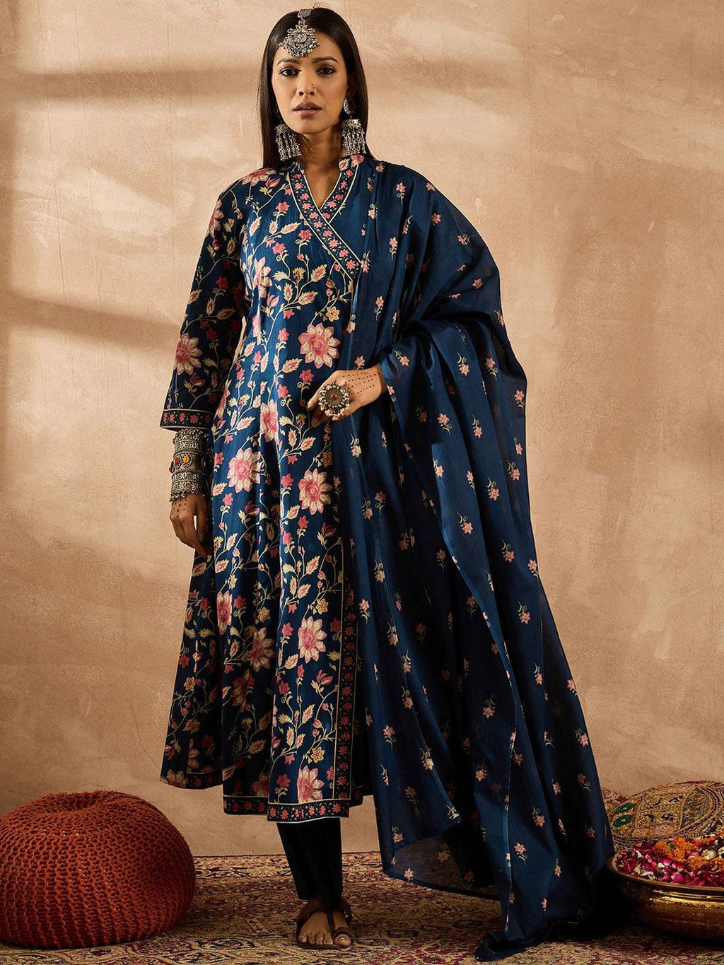 Indo Era Women Floral Printed Angrakha Beads and Stones Pure Cotton Kurta with Trousers & With Dupatta - Distacart