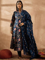 Indo Era Women Floral Printed Angrakha Beads and Stones Pure Cotton Kurta with Trousers & With Dupatta - Distacart