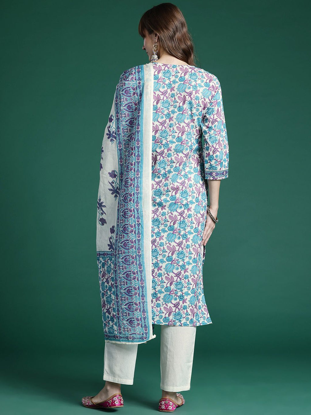 Indo Era Floral Printed Regular Pure Cotton Kurta with Trousers & Dupatta - Distacart