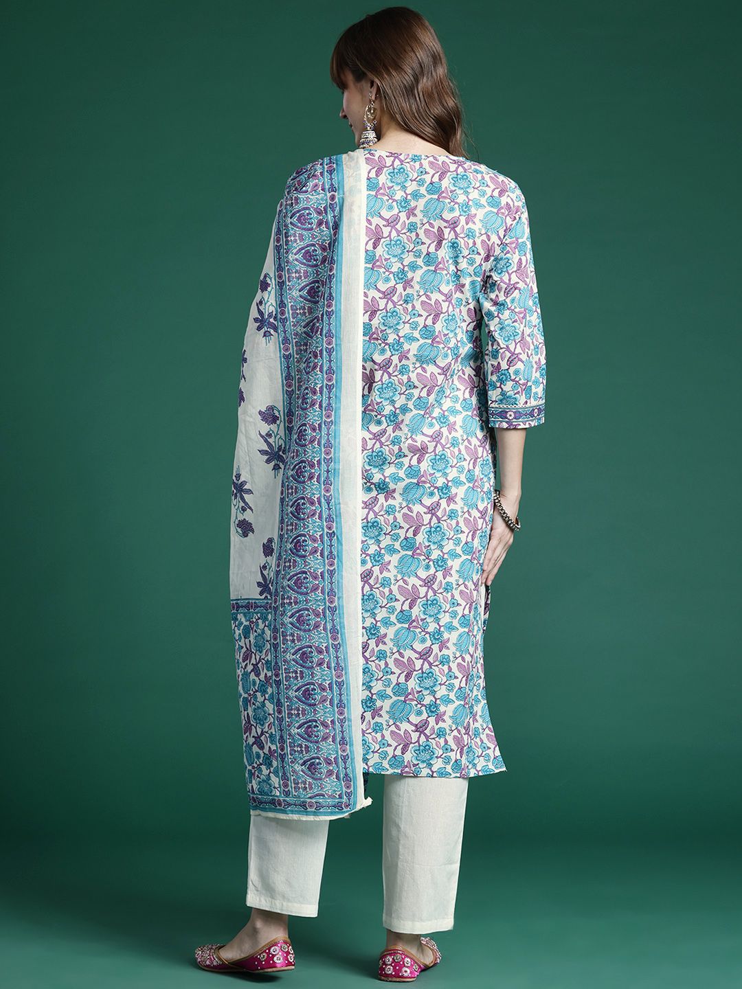 Indo Era Floral Printed Regular Pure Cotton Kurta with Trousers & Dupatta - Distacart