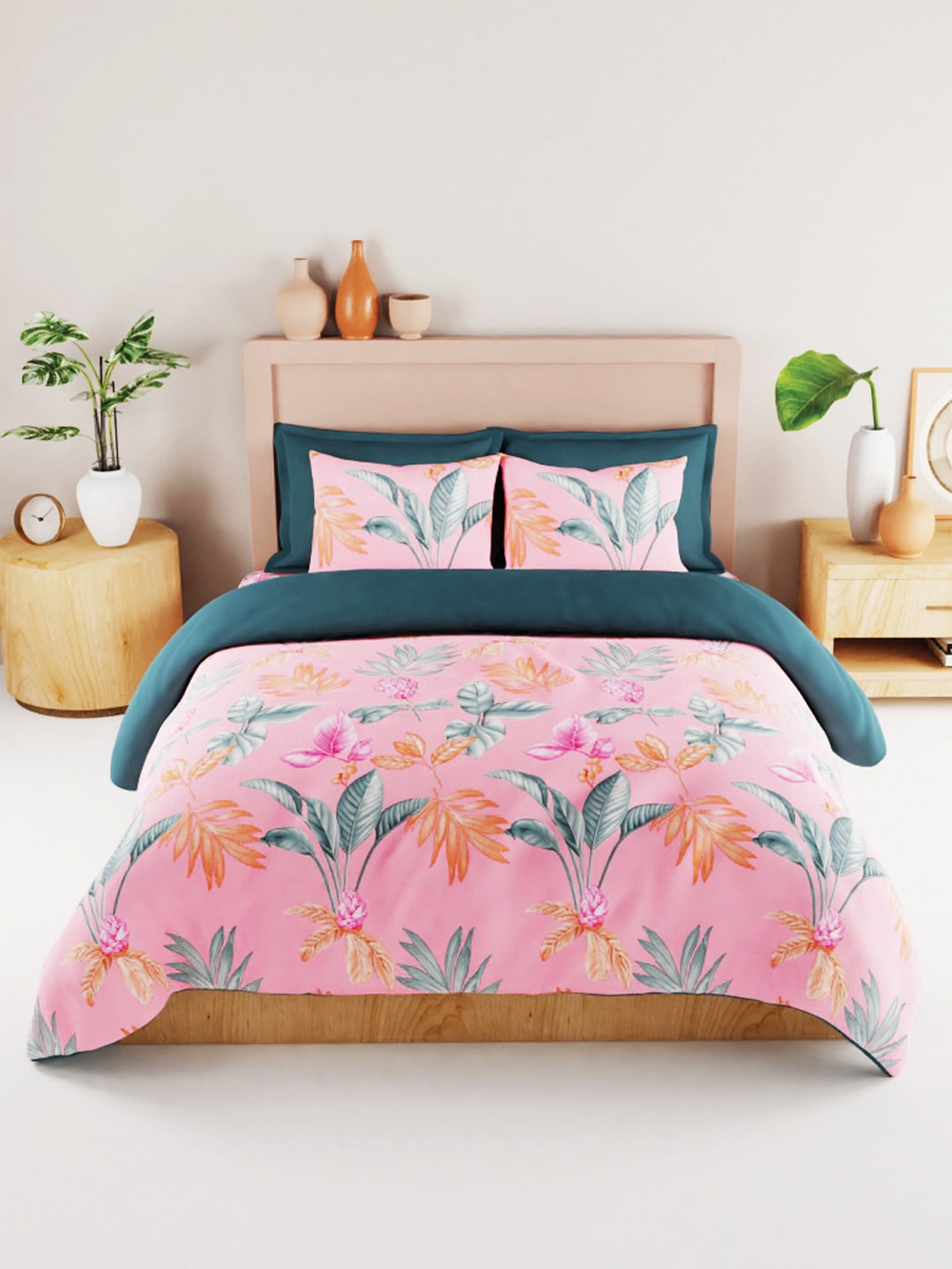 BIANCA Coral & Orange Floral 186 TC King Bedsheet with 2 Pillow Covers