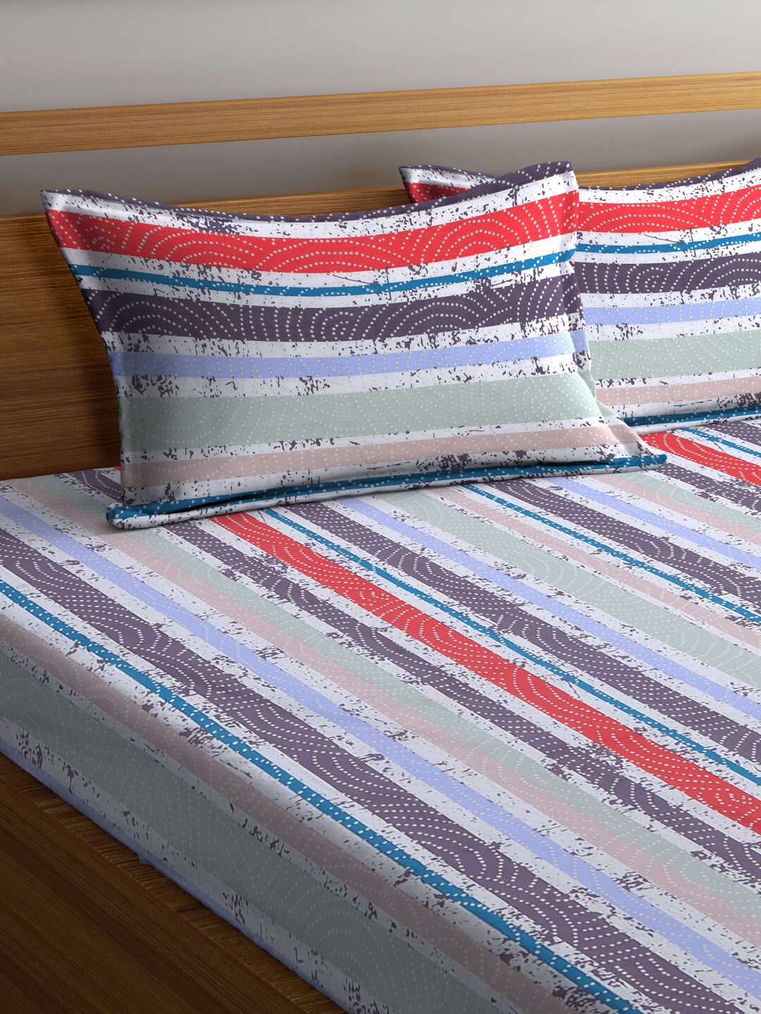 BOMBAY DYEING Red & Blue Striped Cotton 120 TC King Bedsheet with 2 Pillow Covers