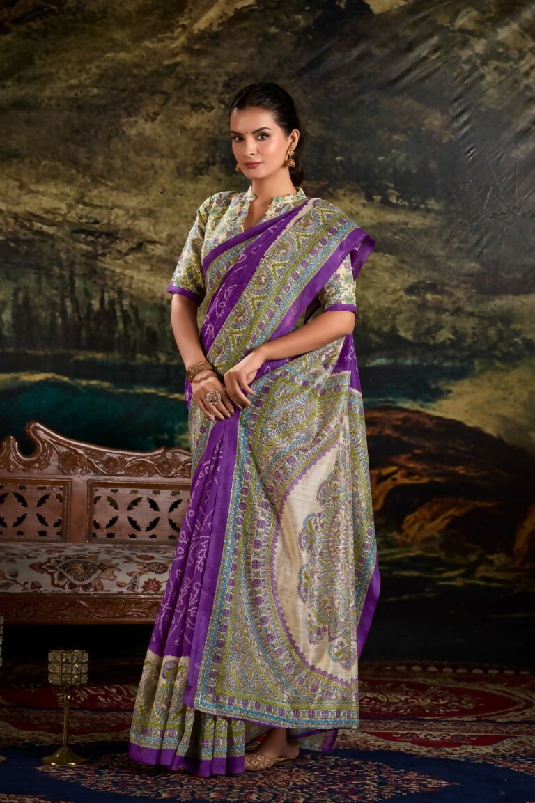 Vastranavya Purple Silk Madhubani & Bandhej Fusion Print Saree with Unstitched Blouse