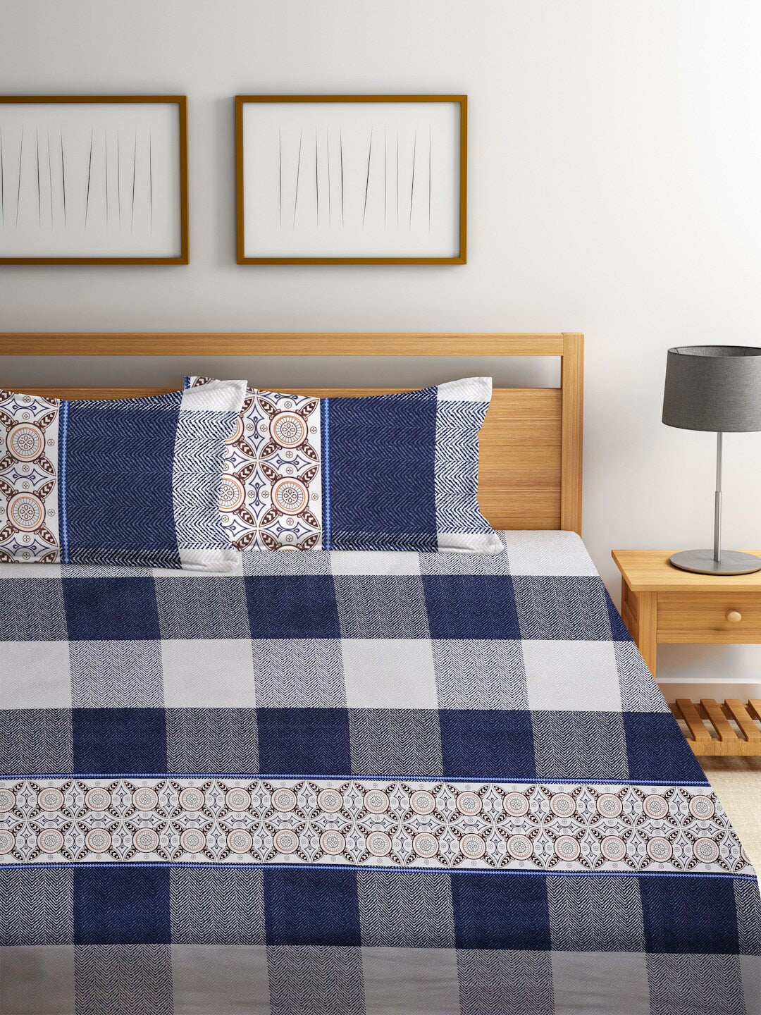 Home Sizzler Blue & White 210 TC Queen Geometric Cotton Bedsheet with 2 Pillow Covers