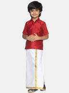 Sethukrishna Boys Red & White Shirt With Veshti Set