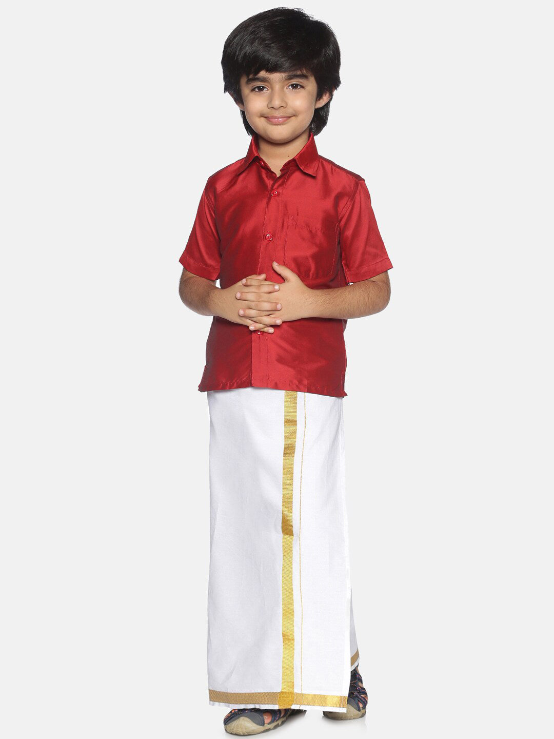 Sethukrishna Boys Red & White Shirt With Veshti Set