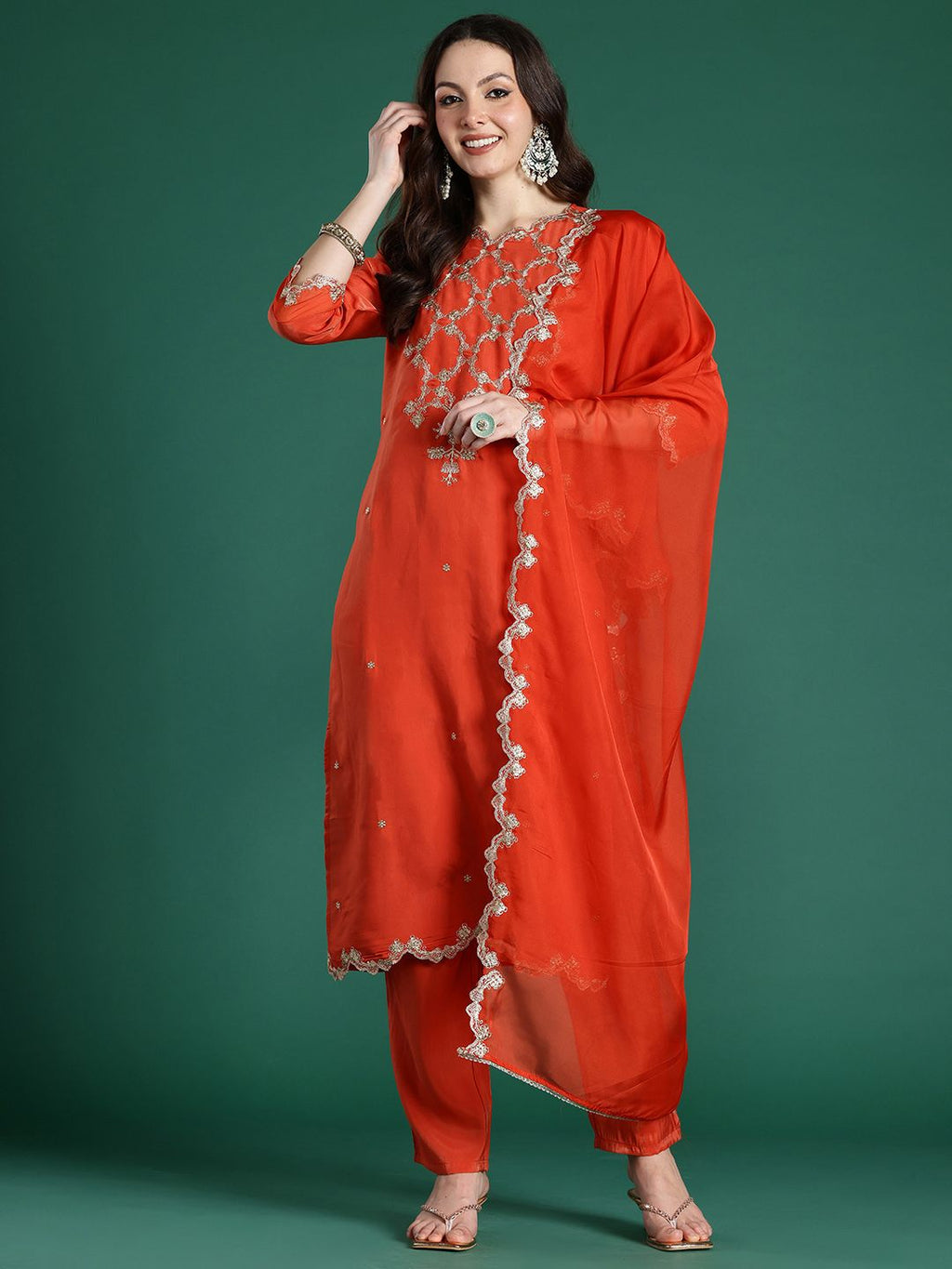 Indo Era Floral Embroidered Kurta with Trousers & With Dupatta - Distacart