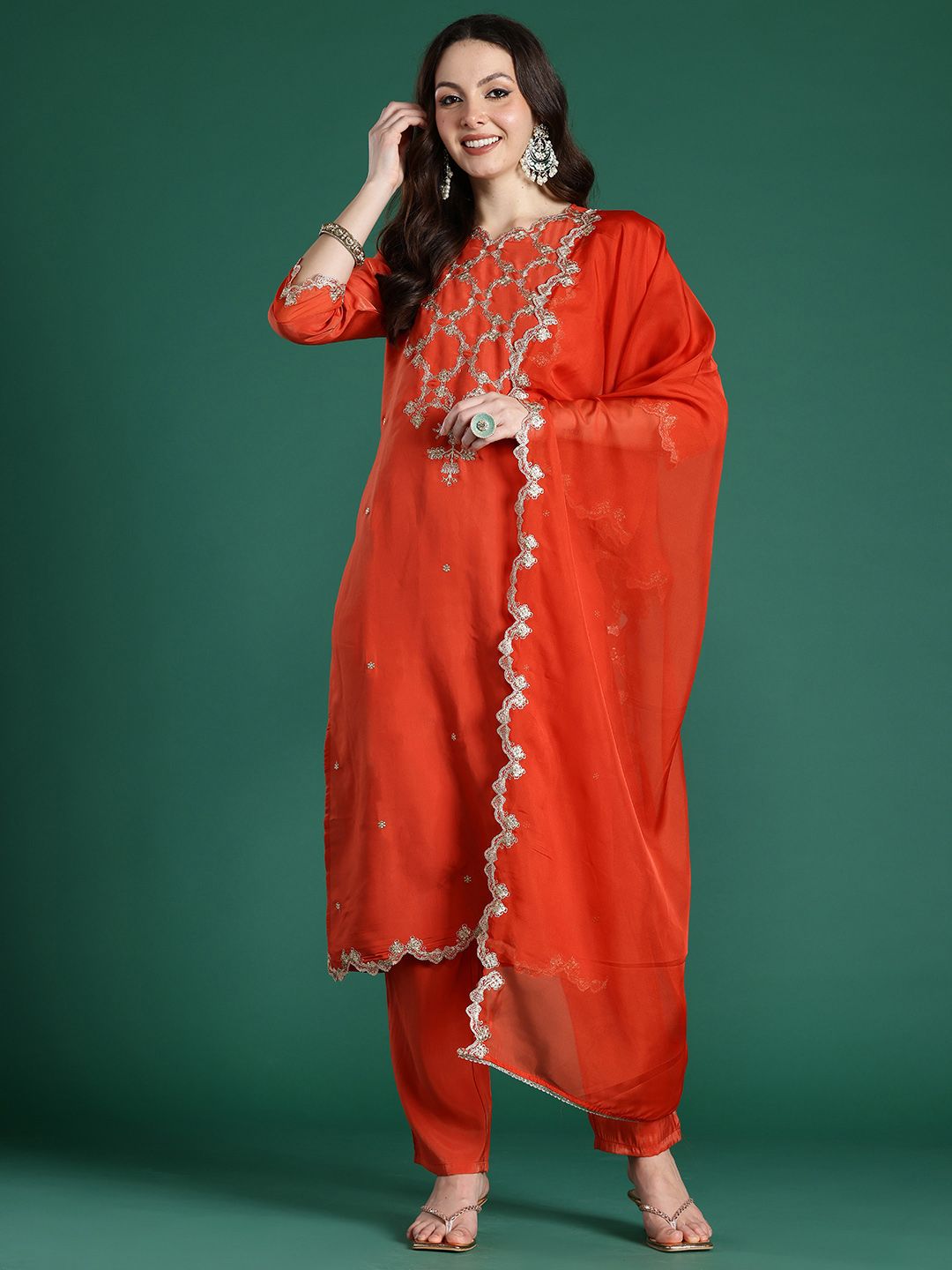 Indo Era Floral Embroidered Kurta with Trousers & With Dupatta - Distacart