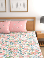 CHHAVI INDIA White & Pink Floral Ultra Soft 210 TC King Bedsheet with 2 Pillow Covers - Distacart