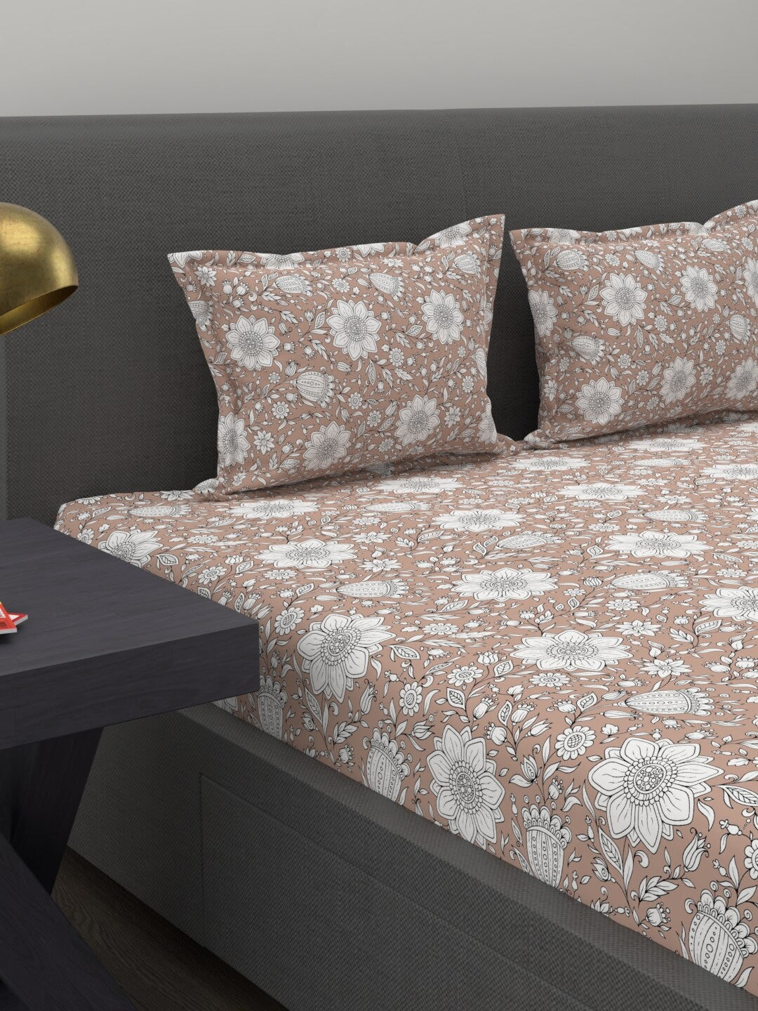 MYTRIDENT Brown White Ethnic Motifs 200 TC Cotton 1 King Bedsheet with 2 Pillow Covers