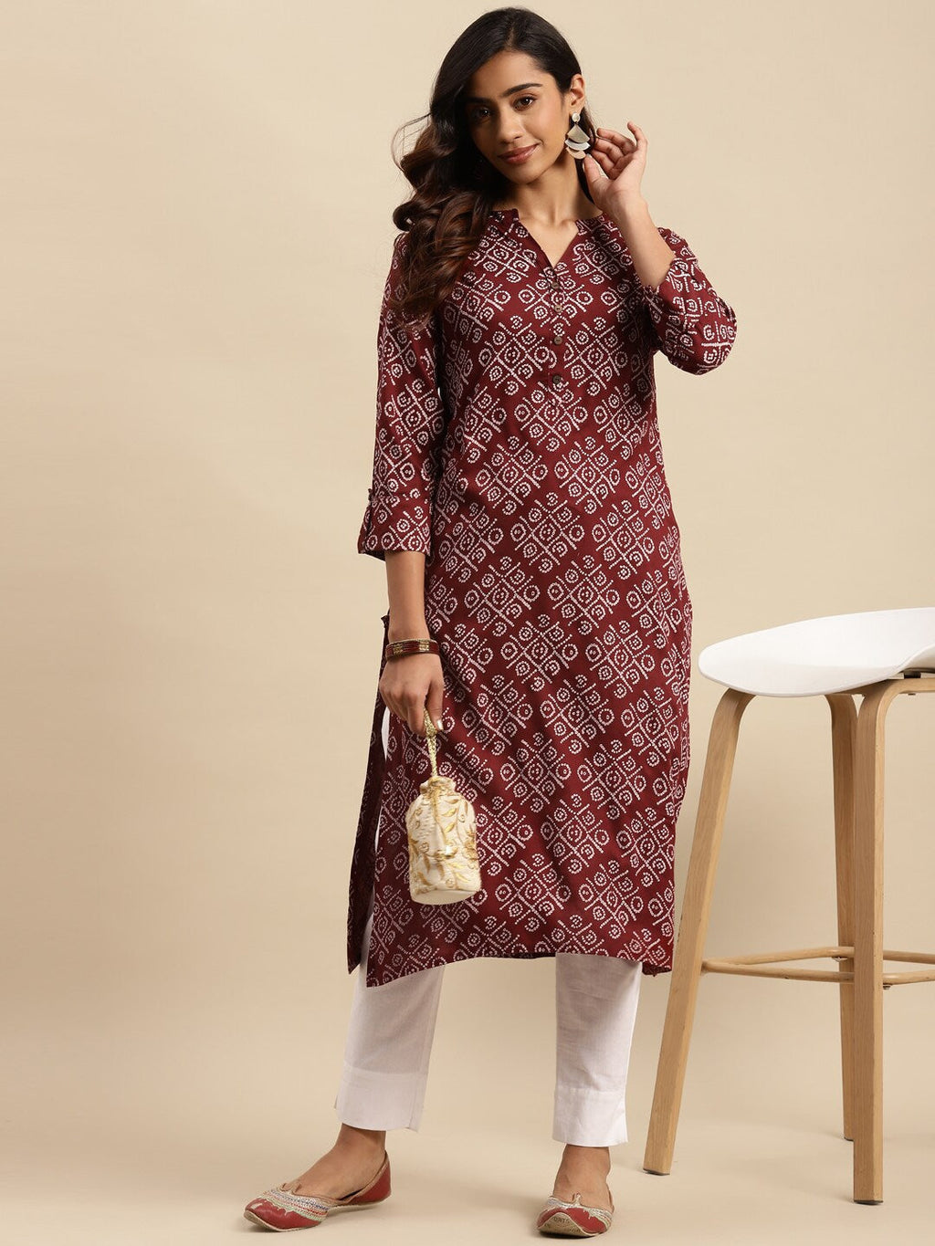 Sangria Maroon Bandhani Printed Pure Cotton Straight Kurta