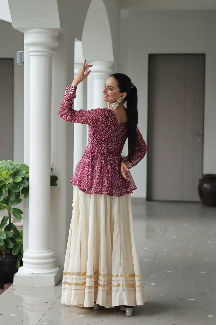 Teeya Creation Wine And White Colour Cotton Printed Navratri Lehenga Choli