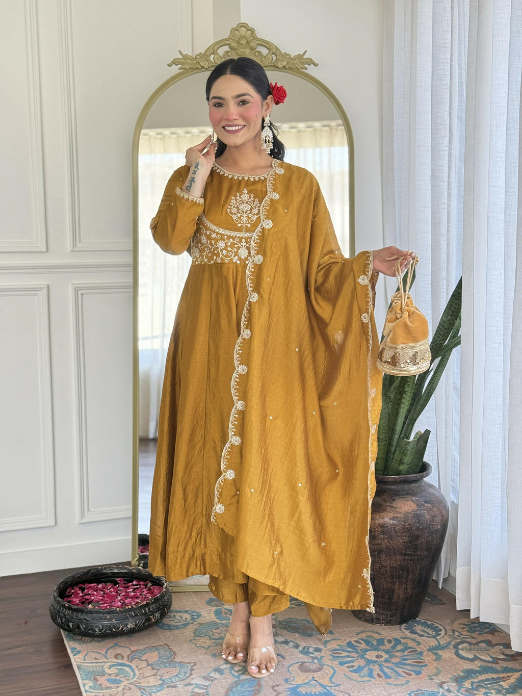 The52 Mustard Women's Gorgeous Embroidered Vichitra Silk Fabric Flared Kurta Pant with Dupatta Set - Distacart