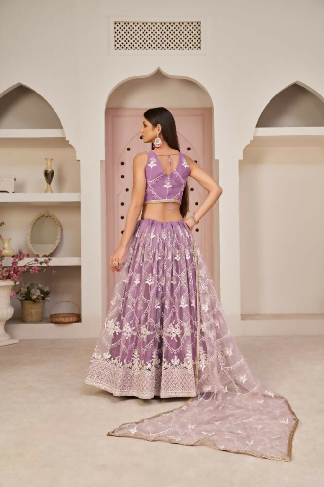 Aastha Fashion Lavender Butterfly Net White Cotton Thread Work, Zari Work And Sandwich Sequence Work Embroidery Wedding Wear Lehenga Choli