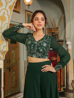 Janasya Dark Green Georgette Embroidered Top & Skirt