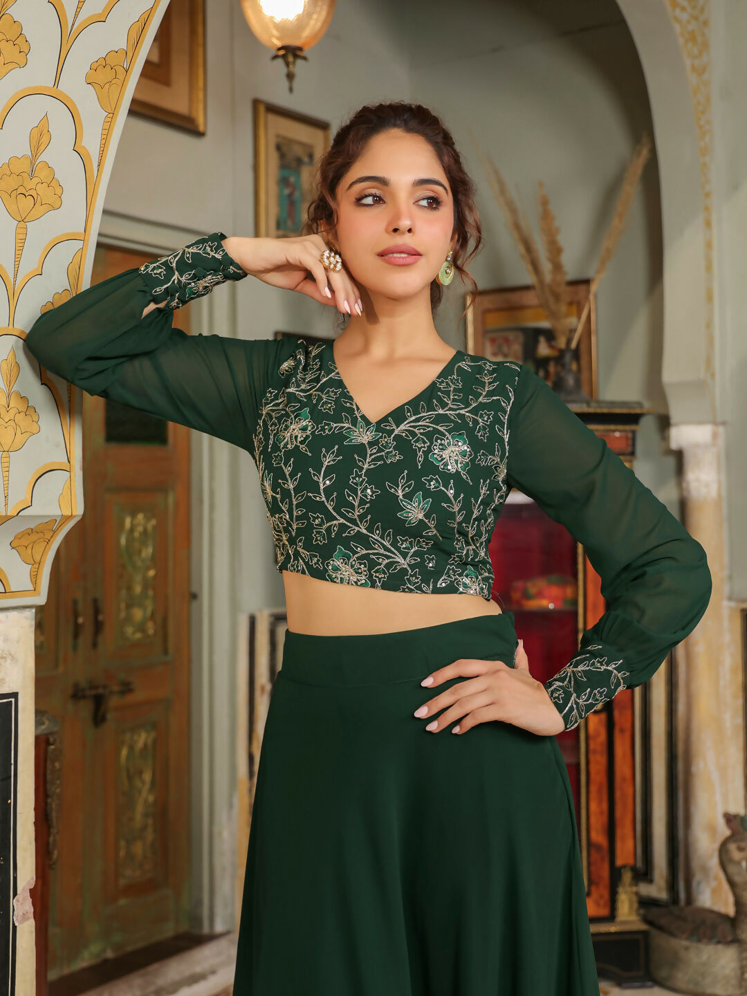 Janasya Dark Green Georgette Embroidered Top & Skirt