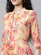 Souchii Peach-Coloured Floral Layered Chiffon A-Line Midi Dress - Distacart