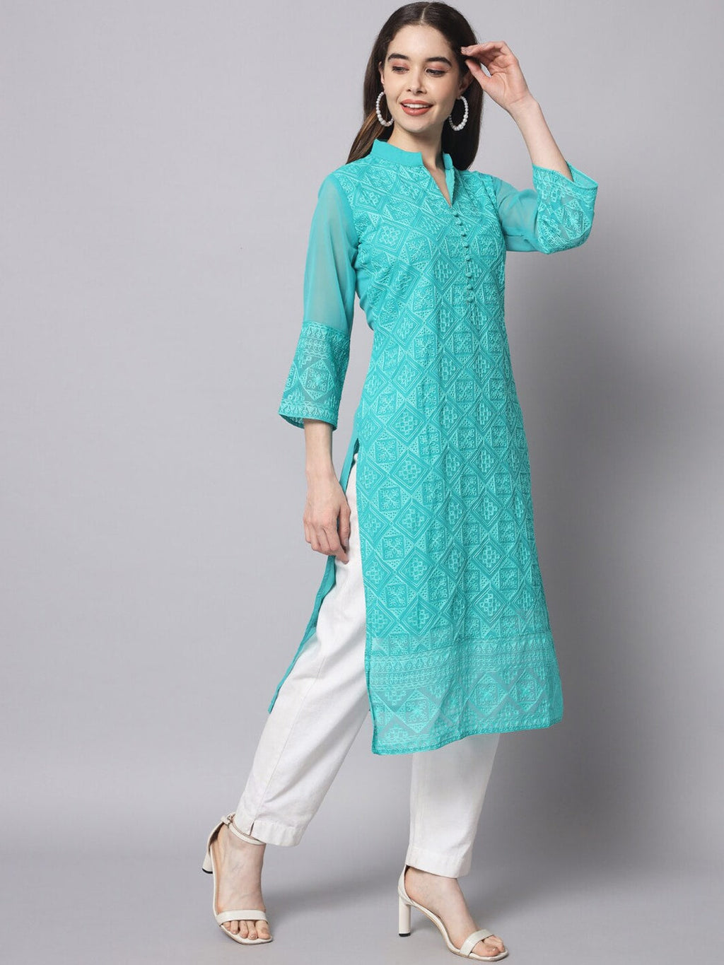 HERE&NOW Women Turquoise Blue Ethnic Motifs Embroidered Thread Work Georgette Kurta