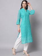 HERE&NOW Women Turquoise Blue Ethnic Motifs Embroidered Thread Work Georgette Kurta