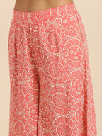All About You Women Peach Pin & White Bandhani Print Pleated Sequinned Kurti with Palazzos