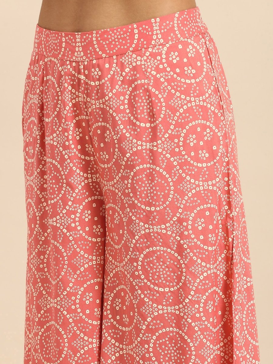 All About You Women Peach Pin & White Bandhani Print Pleated Sequinned Kurti with Palazzos