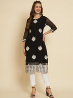 HERE&NOW Black & White Ethnic Motifs Chikankari Embroidered Georgette Kurta