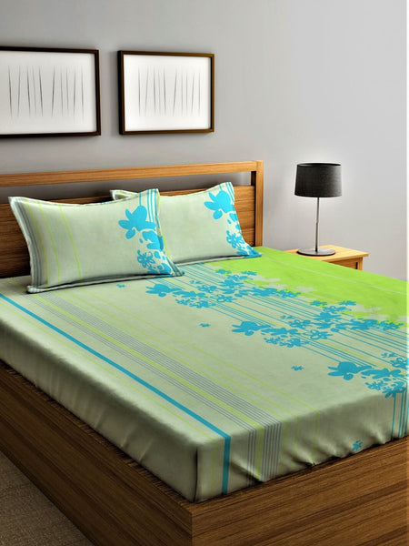 Home Sizzler Green & Blue Floral Cotton 210 TC Queen Bedsheet with 2 Pillow Covers