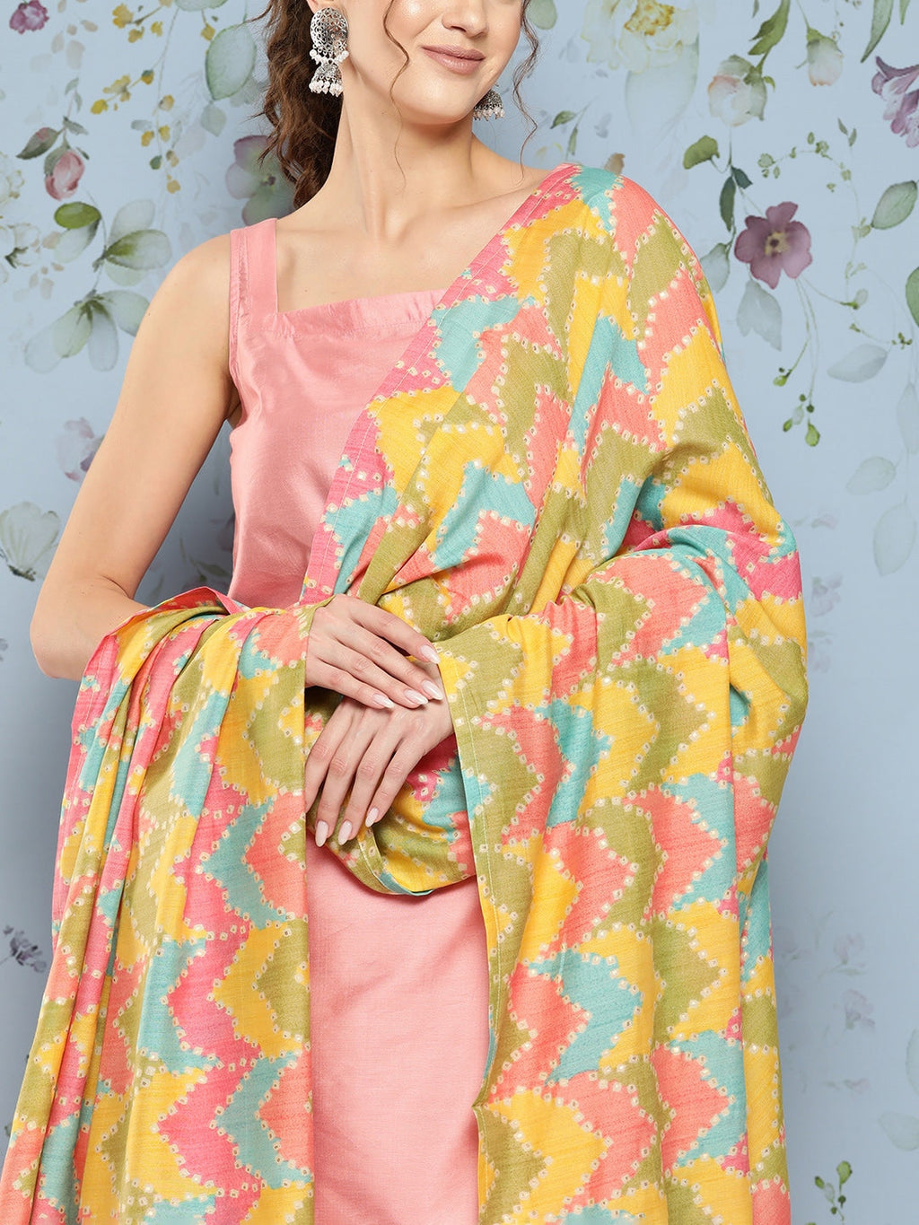 HERE&NOW Shoulder Straps Solid Straight Kurta with Palazzos & Printed Dupatta