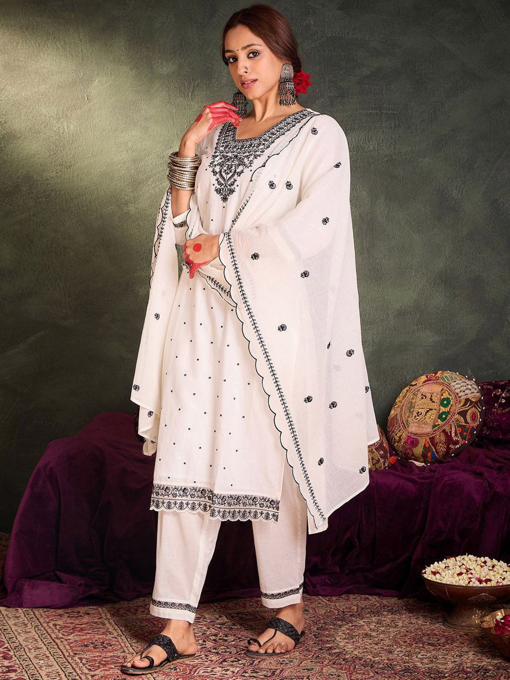 Indo Era Floral Embroidered Thread Work Pure Cotton Kurta With Trousers & Dupatta - Distacart