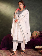 Indo Era Floral Embroidered Thread Work Pure Cotton Kurta With Trousers & Dupatta - Distacart