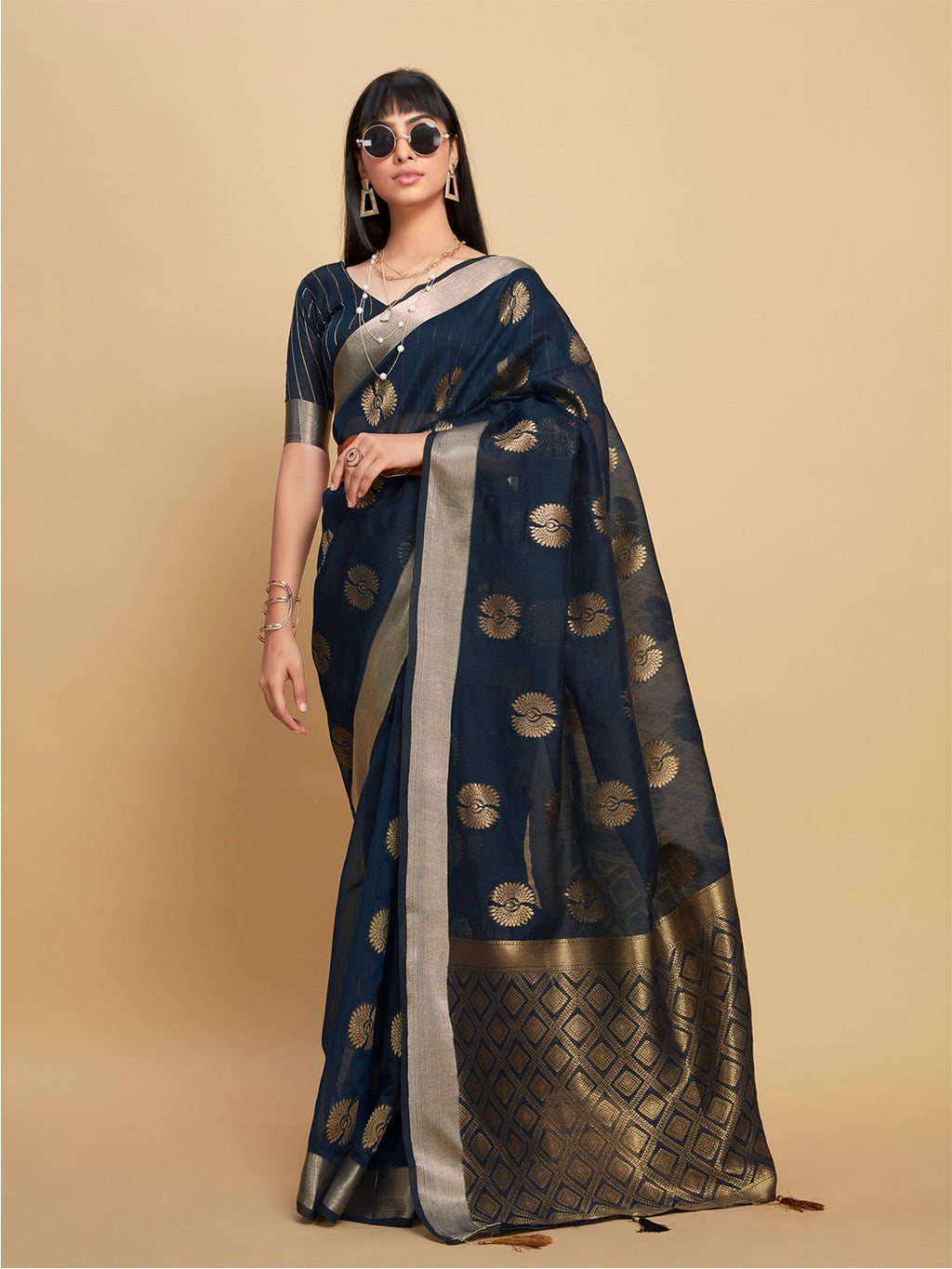 Sangria Navy Blue Ethnic Motifs Woven Design Zari Saree - Distacart