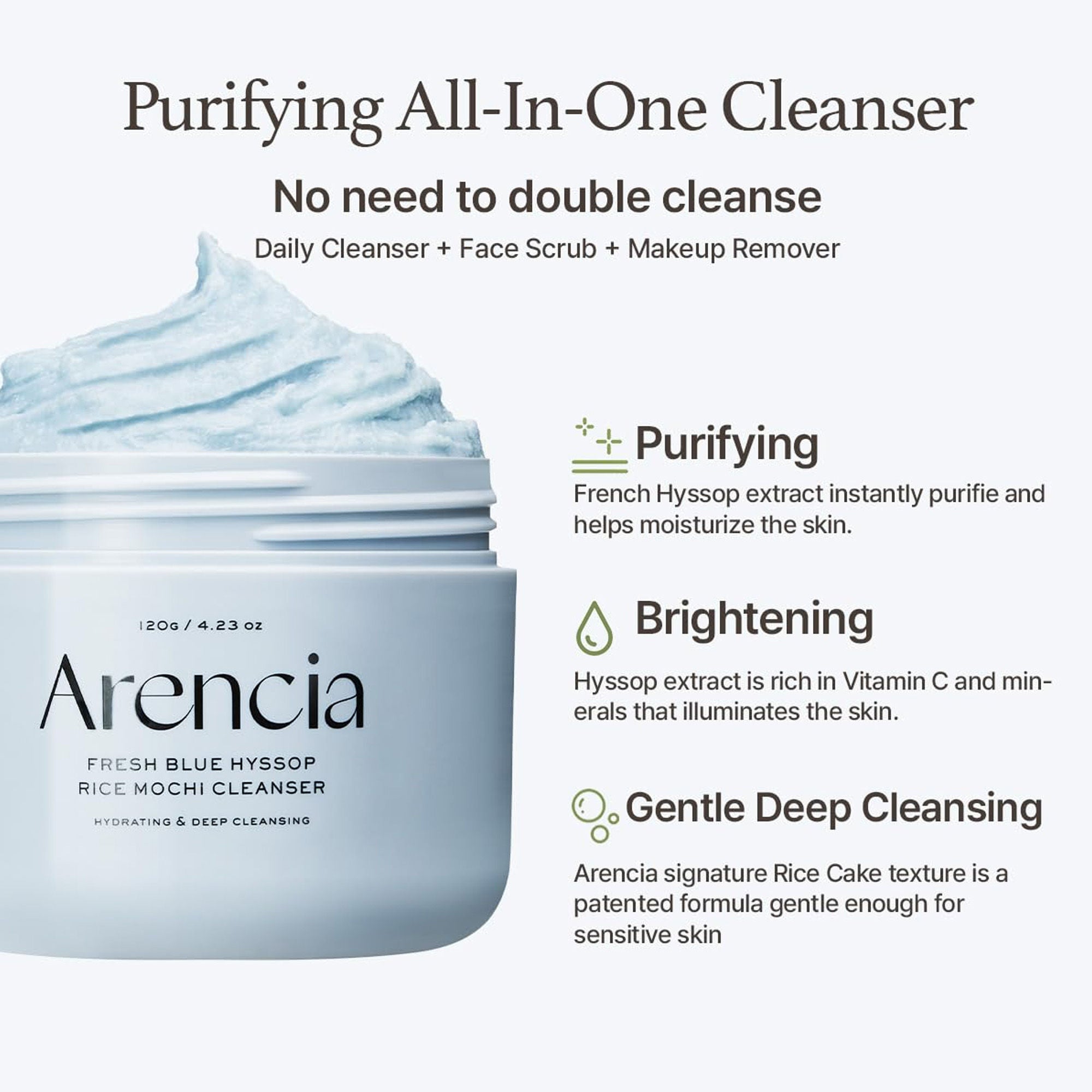 Arencia Fresh Blue Hyssop Rice Mochi Cleanser - Gentle Exfoliating Pore Care Korean Double Cleanser