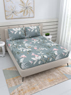 DREAM WEAVERZ Grey & White Floral 220 TC Queen Bedsheet with 2 Pillow Covers