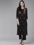 ADA Ethnic Motifs Embroidered Round Neck Chikankari Cotton Kurta