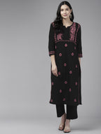 ADA Ethnic Motifs Embroidered Round Neck Chikankari Cotton Kurta