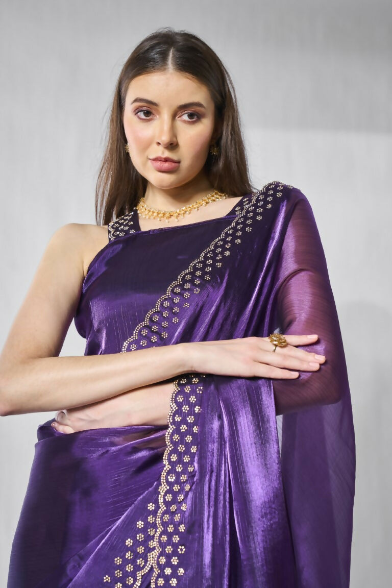 Purple Burburry silk Swarovski Designer Work Saree - Shezlin