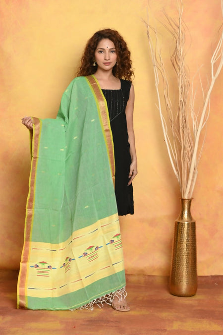 Very Much Indian Handloom Pure Cotton Paithani Dupatta - Green
