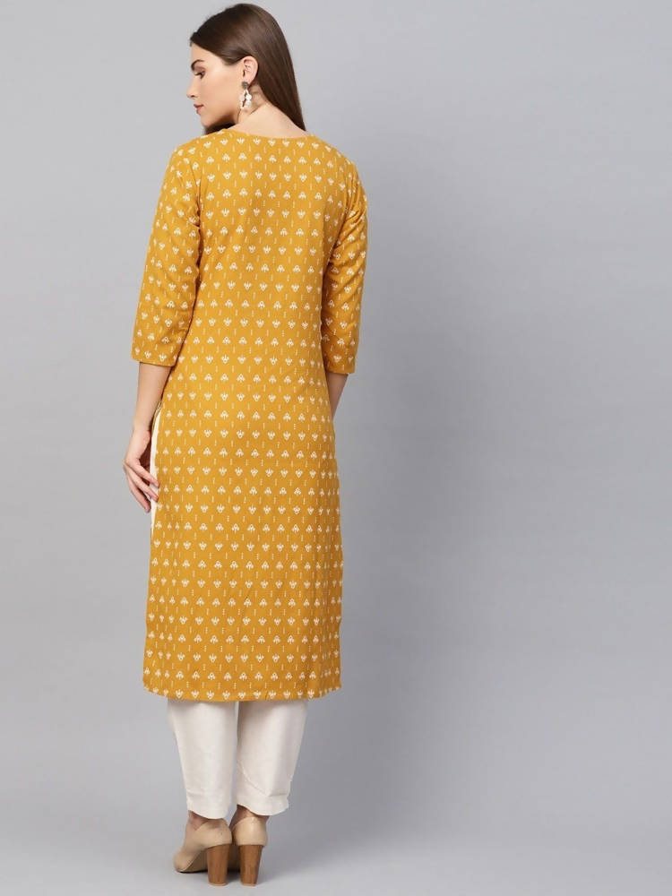Yufta Women Mustard Yellow & Off-White Block Print Kurta with Trouser