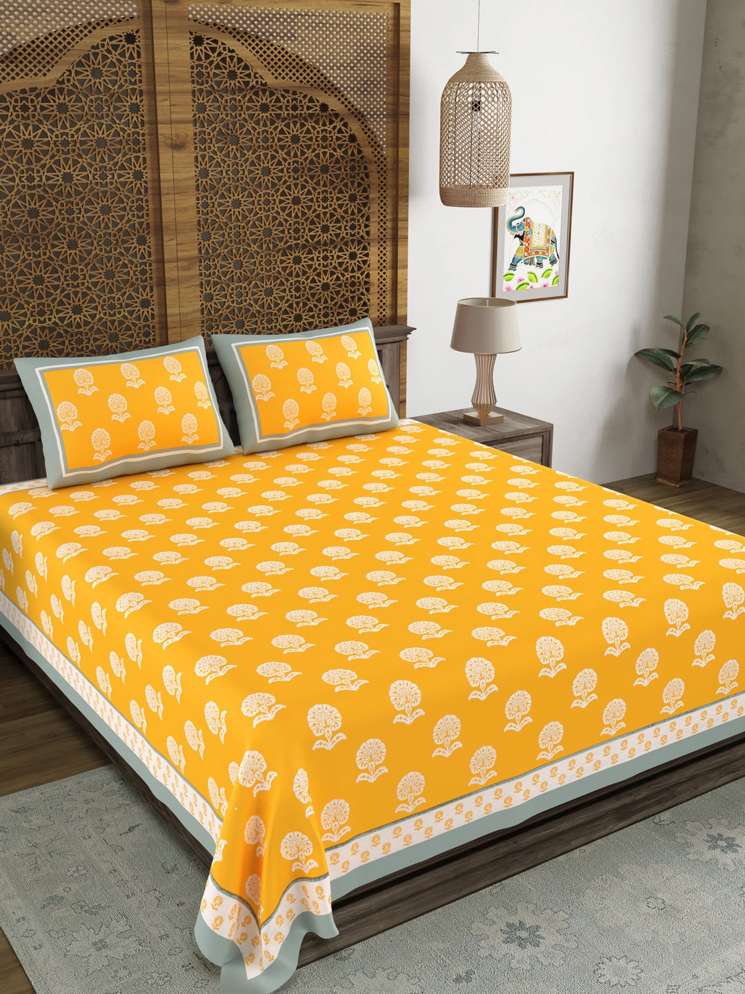 BLOCKS OF INDIA Yellow Ethnic Motifs Cotton 210 TC Super King Bedsheet & 2 Pillow Covers