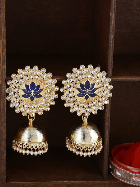 Shoshaa Gold-Polished Navy Blue Kundan-Studded Classic Jhumkas