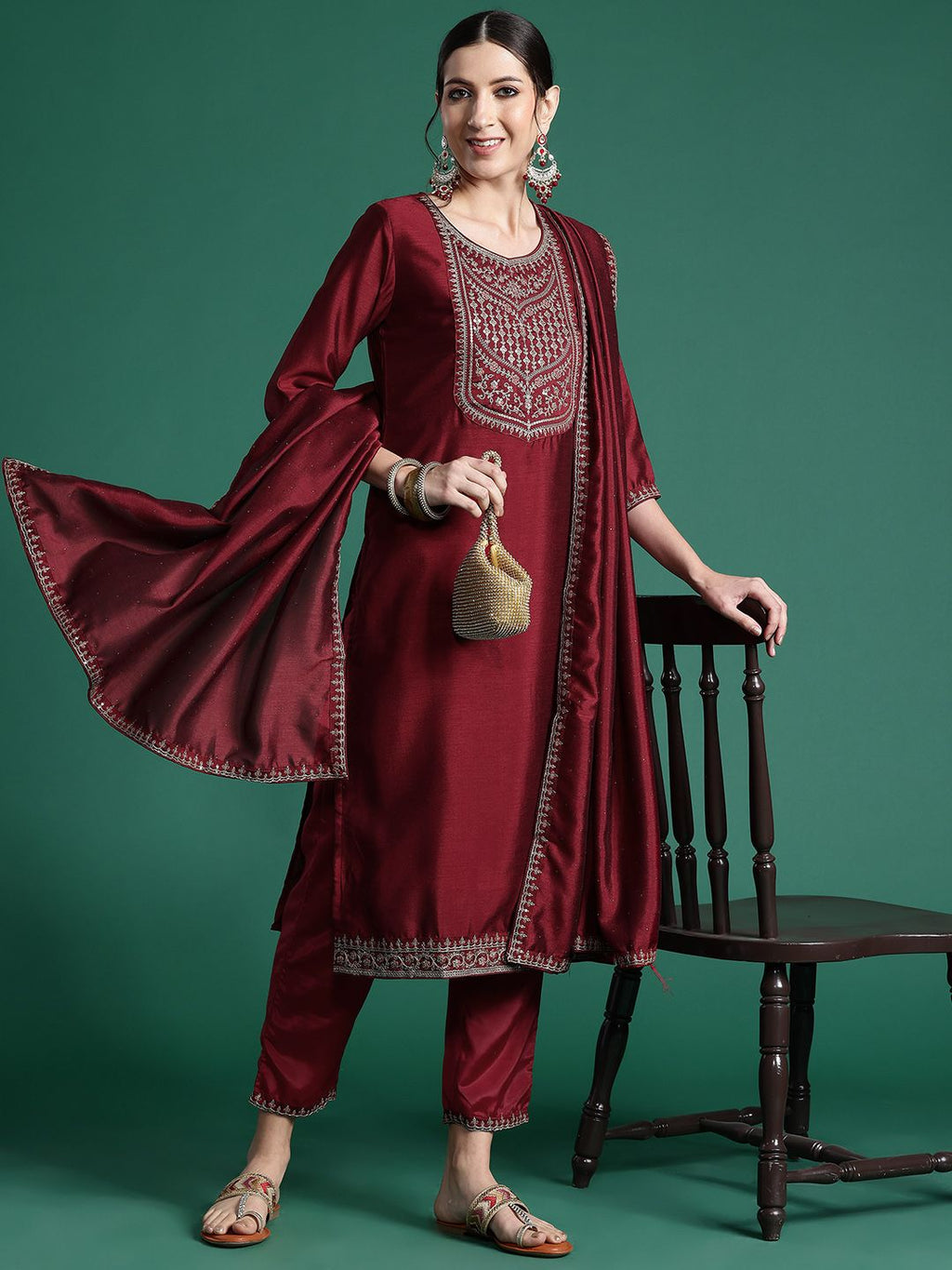 Indo Era Ethnic Motifs Yoke Design Sequinned Kurta with Trousers & Dupatta - Distacart