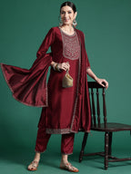 Indo Era Ethnic Motifs Yoke Design Sequinned Kurta with Trousers & Dupatta - Distacart