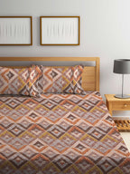 BOMBAY DYEING Epigram Brown & Yellow Ethnic Cotton 120 TC Queen Bedsheet & Pillow Covers
