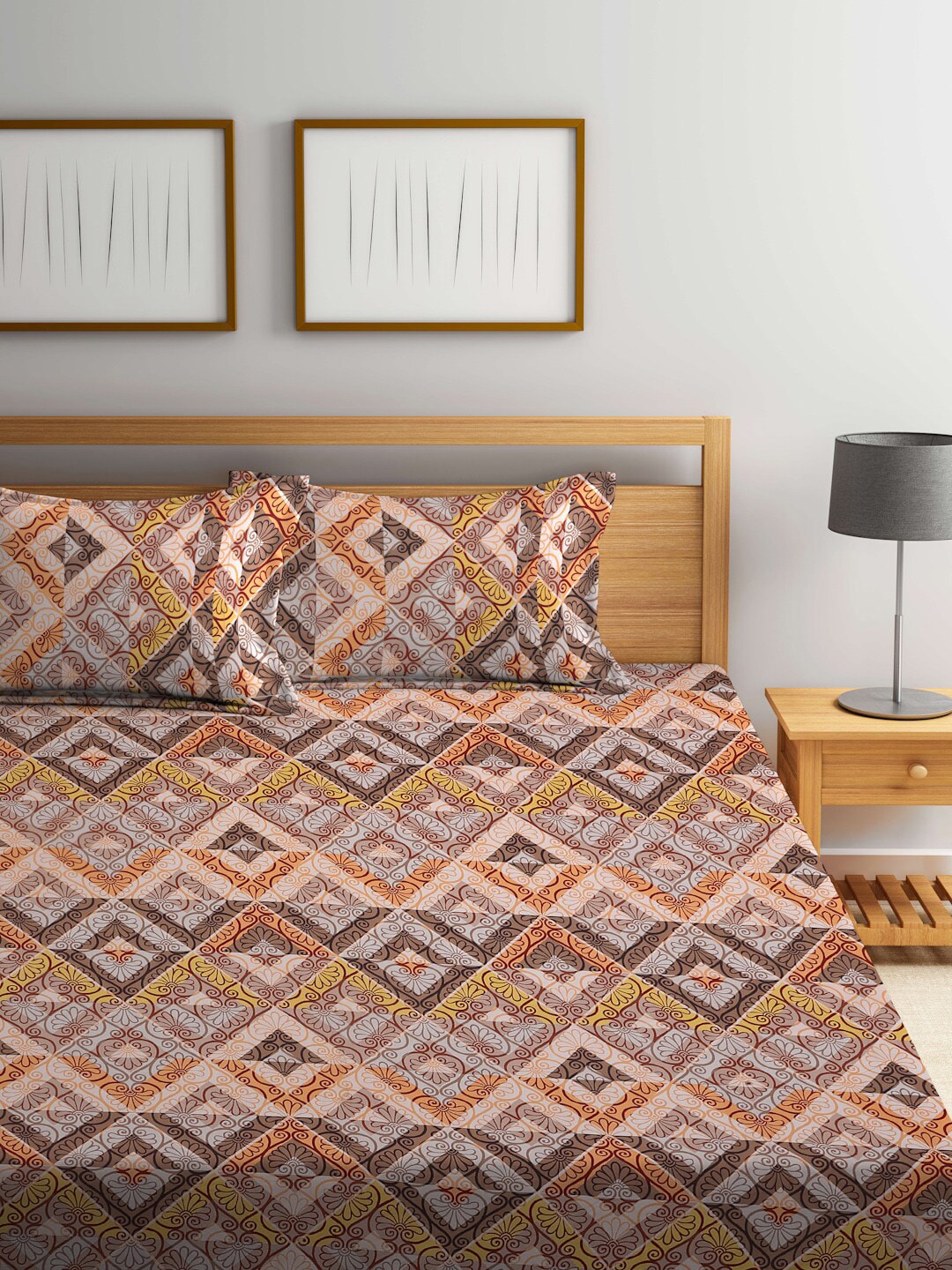 BOMBAY DYEING Epigram Brown & Yellow Ethnic Cotton 120 TC Queen Bedsheet & Pillow Covers