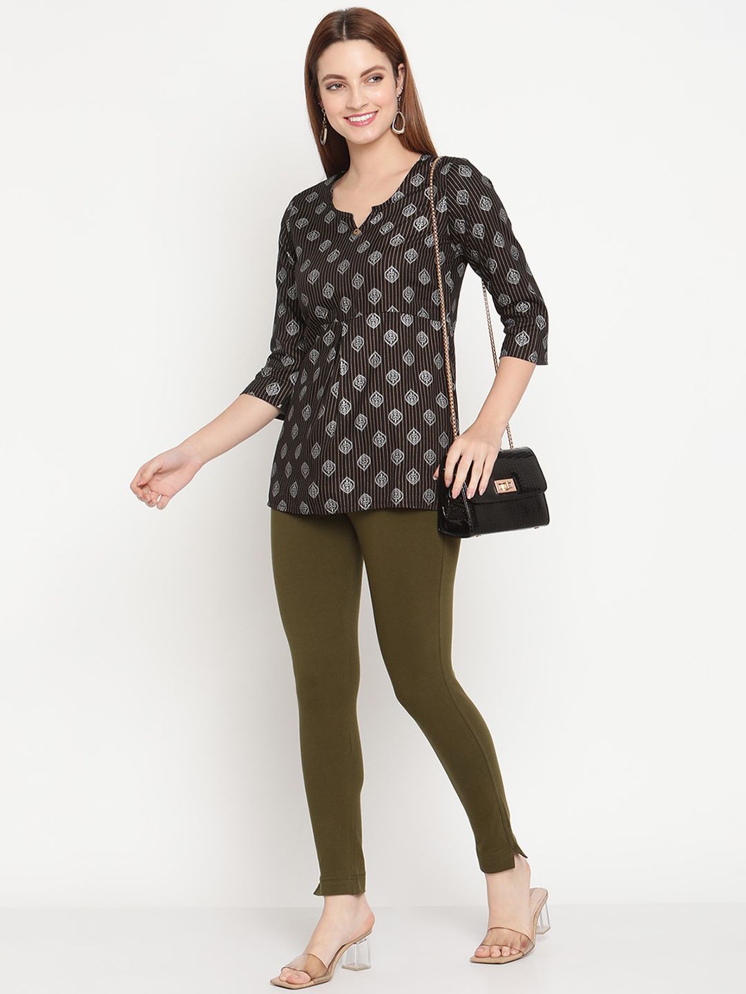 TAG 7 Women Pack Of 2 Olive and Pink Solid Comfort Fit Ankle-Length Leggings