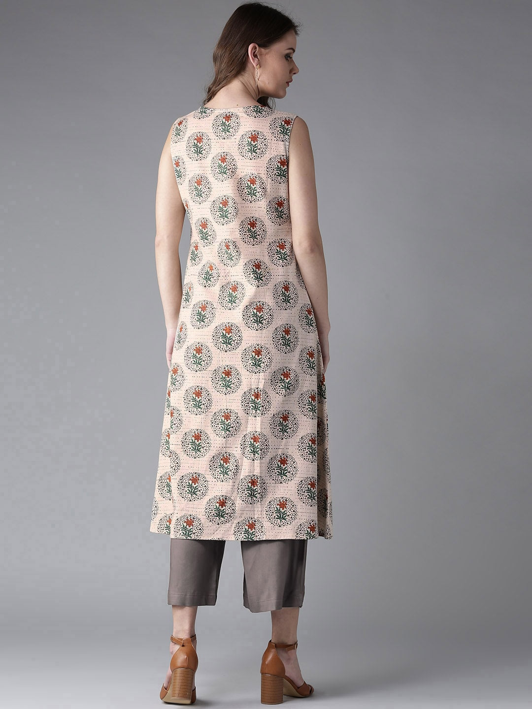 HERE&NOW Women Beige & Grey Printed Kurta with Palazzos