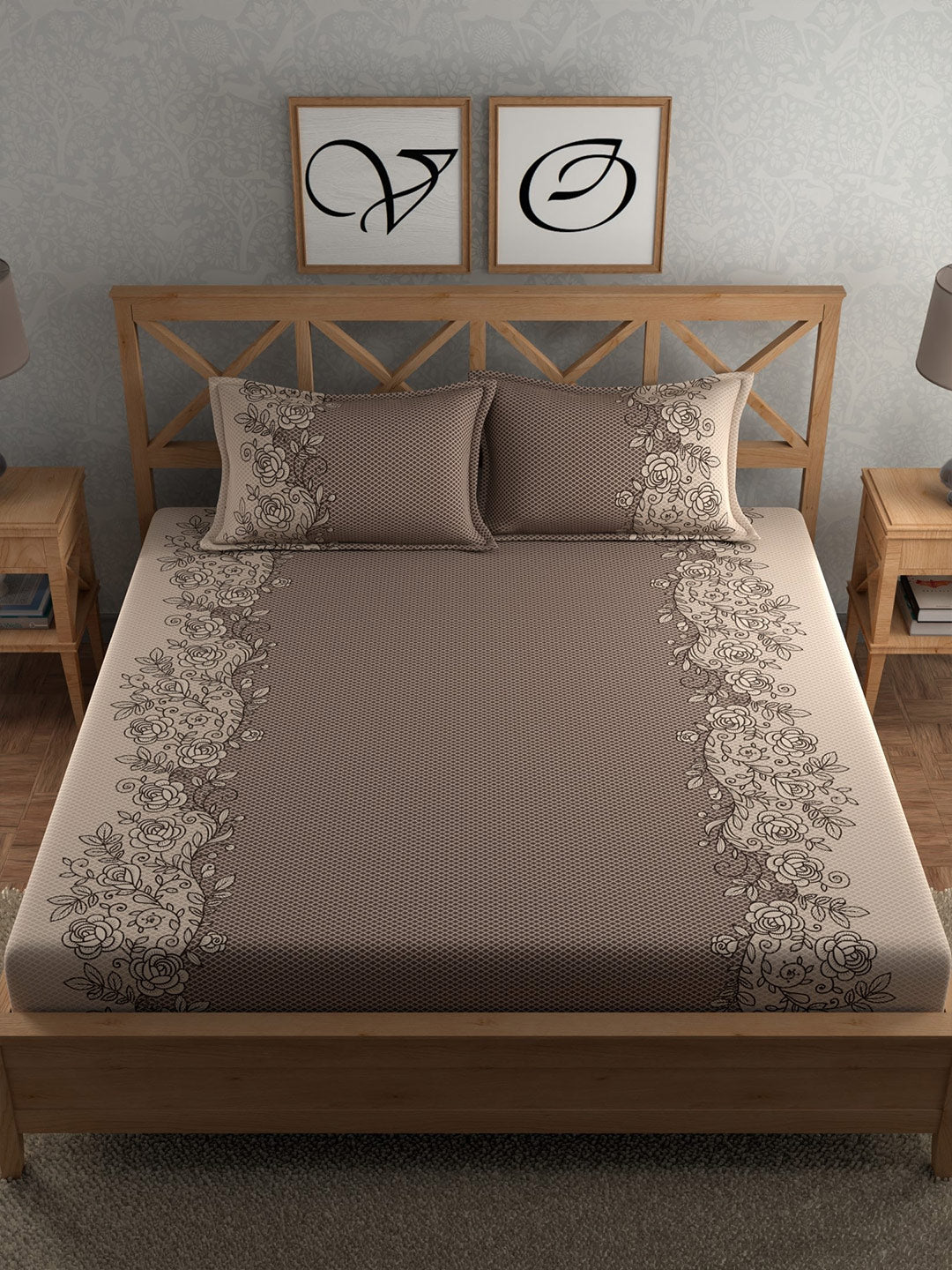 CHHAVI INDIA Brown Ethnic Motifs Cotton 210 TC King Bedsheet with 2 Pillow Covers
